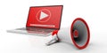 Megaphone, bullhorn and Video player on a computer scree, white background. 3d illustration