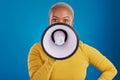 Megaphone, change and speaker with black woman in studio for awareness, democracy and opinion. Vote, announcement and