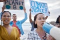 Megaphone, climate change and Asian woman protest with crowd at beach protesting for environment and global warming