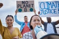 Megaphone, climate change protest and Asian woman with crowd at beach protesting for environment and global warming