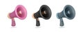 megaphone 3d icon set. Soft lilac, black, blue 3d illustration