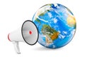 Megaphone with Earth Globe. Global promotion concept, 3D rendering