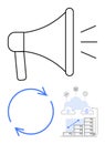 Megaphone, Data Storage in Cloud, and Circular Arrows Representing Communication and Workflow Royalty Free Stock Photo