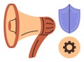 Megaphone with Shield and Gear Representing Communication, Security, and Process Optimization Royalty Free Stock Photo