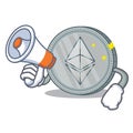 With megaphone Ethereum coin character cartoon