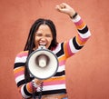 Megaphone, fight or black woman shouting in speech announcement for politics, equality or human rights. Feminist leader