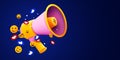 Megaphone with flying social media symbols. Business announcement concept.