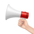 Megaphone in hand. Lifeguard talking in loud speaker businessman holding megaphone and speaking about ads announce alarm Royalty Free Stock Photo