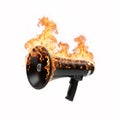 Megaphone with handle, flying and engulfed in intense flame and smoke Royalty Free Stock Photo