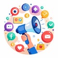 Megaphone held, icons surround Royalty Free Stock Photo