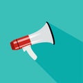 Megaphone icon in flat style on turquoise background