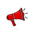 Megaphone icon. Loud announce. Red loudspeaker sign. Shout in speaker. Bullhorn alert. Noise speaker. Speak news announcement. Lou Royalty Free Stock Photo