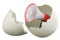 Megaphone inside broken chicken egg, 3D rendering Royalty Free Stock Photo