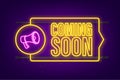 Megaphone label with coming soon. Megaphone banner. Web neon design. Vector stock illustration