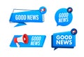 Megaphone label set with text good news. Megaphone in hand promotion banner. Marketing and advertising Royalty Free Stock Photo
