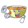 With megaphone lentil soup in a mascot bowl