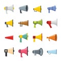 Megaphone loud speaker icons set, flat style