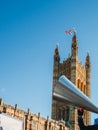 Megaphone loudspeaker against Victoria tower, Westminster, London, UK Royalty Free Stock Photo