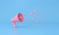 Megaphone loudspeaker likes followers notifications or hearts fly on blue background