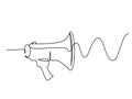 Megaphone, loudspeaker with sound wave. one line drawing