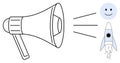 Megaphone Amplifying Message with Smile and Rocket Symbols for Communication and Innovation Royalty Free Stock Photo