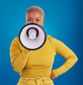 Megaphone, protest and speaker with black woman in studio for change, democracy and opinion. Vote, announcement and