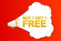 Megaphone red banner with buy one get one free sign. Vector illustration Royalty Free Stock Photo