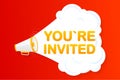Megaphone red banner with you are invited sign. Vector illustration
