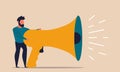 Megaphone with shout man and employee character promotion job. People voice loud news and person vector illustration concept.