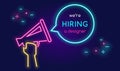 Megaphone shouting out with bubble speech we are hiring a designer