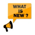 Megaphone speaker. What is new. Realistic megafon message. Promotion poster.