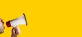Megaphone speaking announcing against isolated on yellow solid background Royalty Free Stock Photo