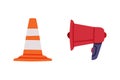 Megaphone and Striped Cone as Rescue Equipment for Urgent Saving of Life Vector Set Royalty Free Stock Photo