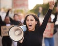 Megaphone, woman and people for gender equality, human rights or justice with freedom of speech in city street. Vote