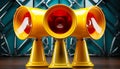 Megaphone with a yellow mouth. A yellow traffic light sitting on top of a wooden table