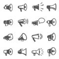 Megaphones, speakers line and bold black icons set. Loudspeakers, bullhorns pictograms.