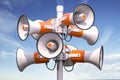 Megaphones and ublic speakers on a pole. Announcement, warning, promotion concept