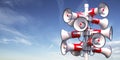 Megaphones and ublic speakers on a pole. Announcement, warning, promotion concept