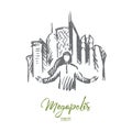 Megapolis, city, businessman, muslim concept. Hand drawn isolated vector.