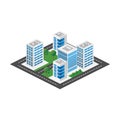 Megapolis 3d isometric three-dimensional view of the city. Collection of houses, skyscrapers, buildings, built and supermarkets