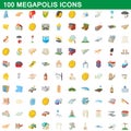 100 megapolis icons set, cartoon style