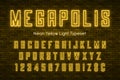 Megapolis neon light alphabet, realistic extra glowing font