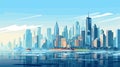 Megapolis on ocean coast. City with skyscrapers located on sea. Modern urban landscape, downtown and embankment, vector Royalty Free Stock Photo