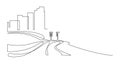 Megapolis with skyscrapers Urban space against the backdrop of autobahns. Continuous line drawing. Vector illustration