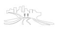 Megapolis with skyscrapers Urban space against the backdrop of autobahns. Continuous line drawing. Vector illustration