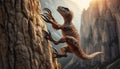 Megaraptor Skillfully Climbing a Steep Cliff, Displaying Agility and Sharp Claws Against a Rugged Backdrop