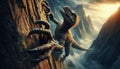 Megaraptor Skillfully Climbing a Steep Cliff, Displaying Agility and Sharp Claws Against a Rugged Backdrop