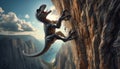 Megaraptor Skillfully Climbing a Steep Cliff, Displaying Agility and Sharp Claws Against a Rugged Backdrop