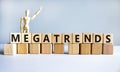Megatrends symbol. The word megatrends on wooden cubes. Wooden model of human. Businessman icon. Beautiful white background.