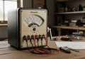 Megger insulation tester sits on a wooden workbench in a workshop. The device has a retro design Royalty Free Stock Photo